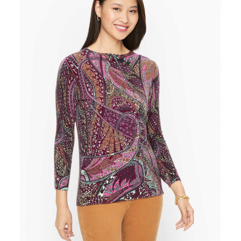 Talbots Petite Audrey Cashmere sweater purple autumn Paisley 3/4 sleeve Size SP